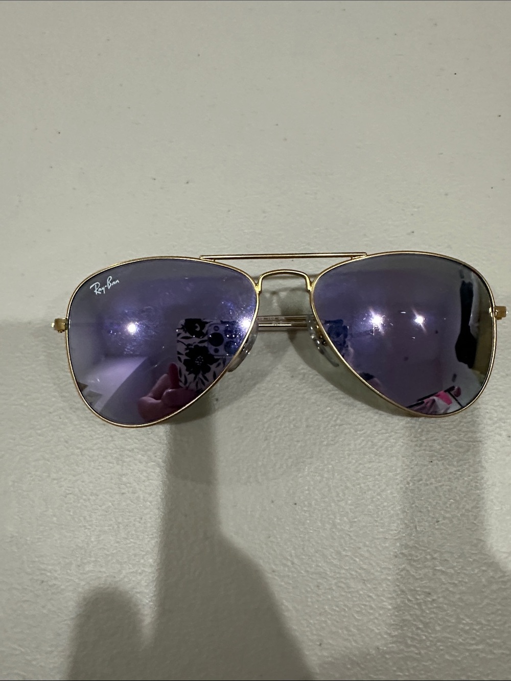 Ray-Ban Gold Frame Aviator Sunglasses with Purple Mirrored Lenses